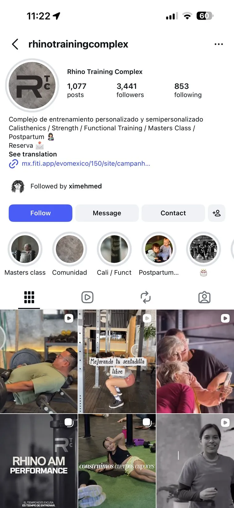 Perfil de Instagram de Rhino antes de trabajar con PopLab