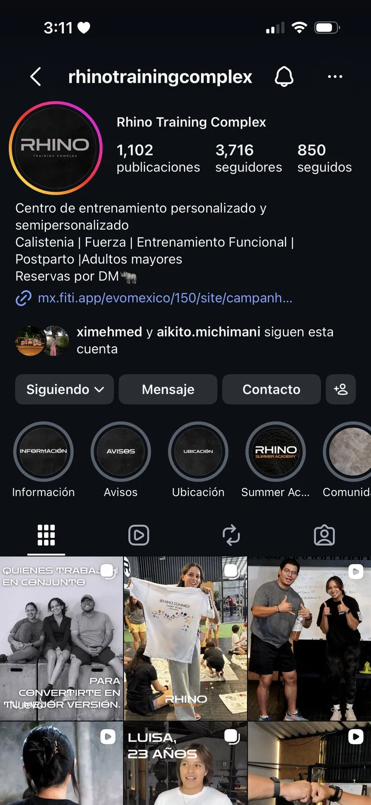 Perfil de Instagram de Rhino después de trabajar con PopLab
