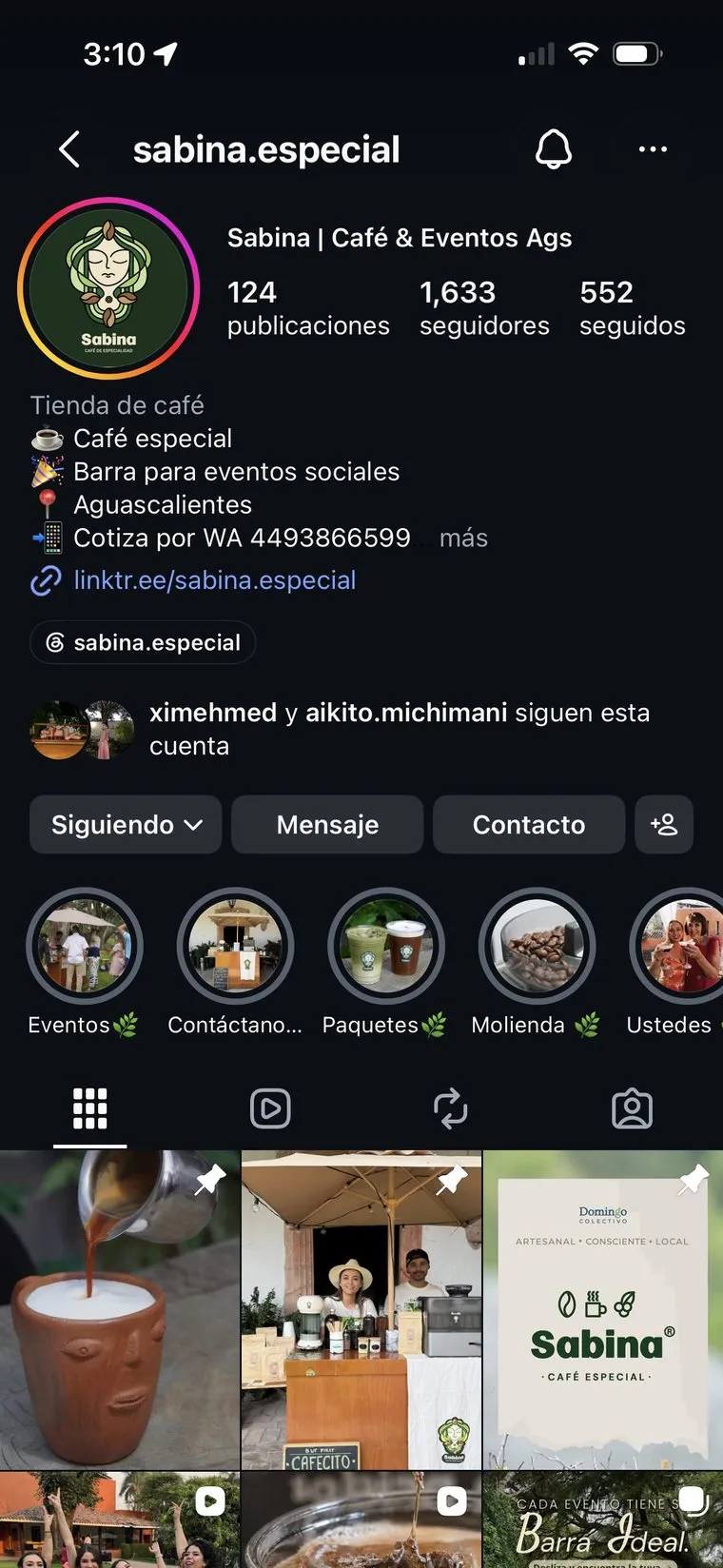Perfil de Instagram de Sabina después de trabajar con PopLab